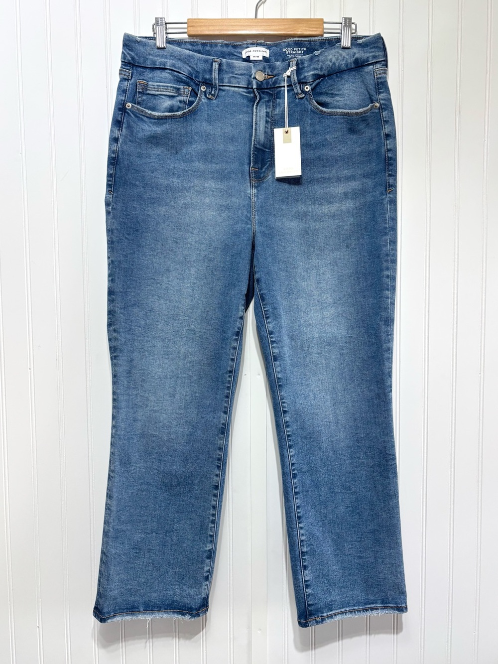 Good American New Good Petite Straight Jeans Mid Rise Stretch Indigo Size 14-18